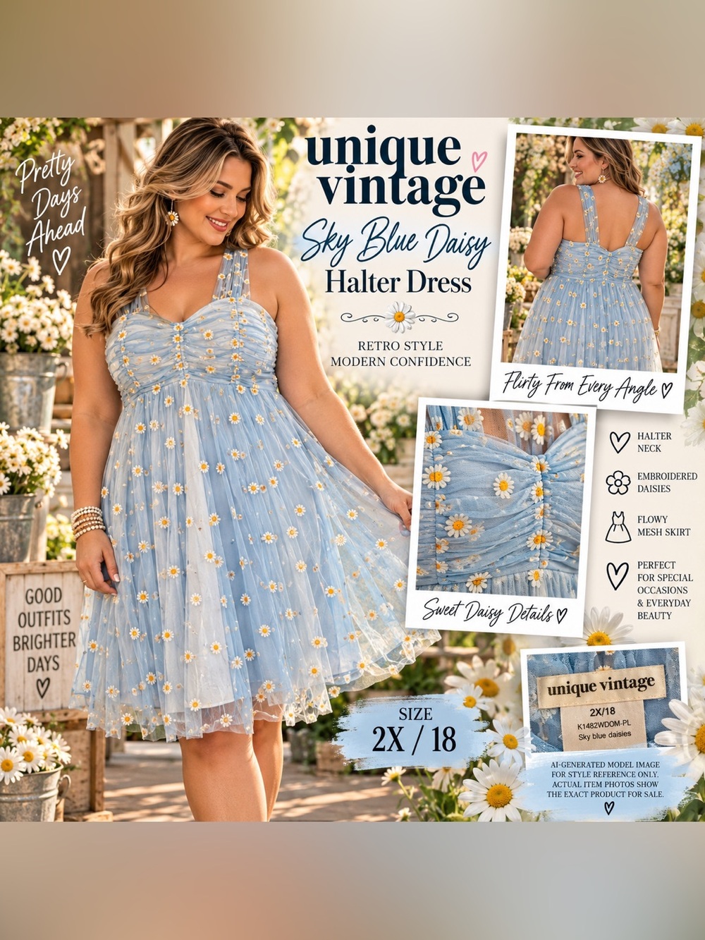 UNIQUE VINTAGE SKY BLUE DAISY HALTER DRESS • 2X/18
